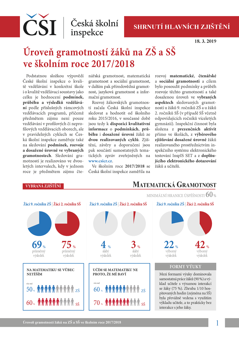 Úroveň gramotností žáků na ZŠ a SŠ ve školním roce 2017/2018 - shrnutí hlavních zjištění