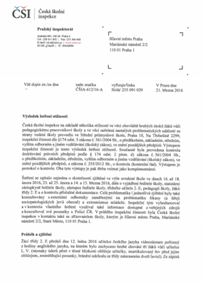Výsledek šetření – šikana na Střední průmyslové škole, Praha 10, Na Třebešíně 2299